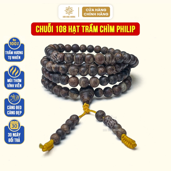 Chuỗi 108 hạt trầm hương chìm Philip thơm ngọt vĩnh cửu cao cấp đeo tay nam nữ mang ý nghĩa phong thủy may mắn tài lộc bình an Sơn Mộc Hương