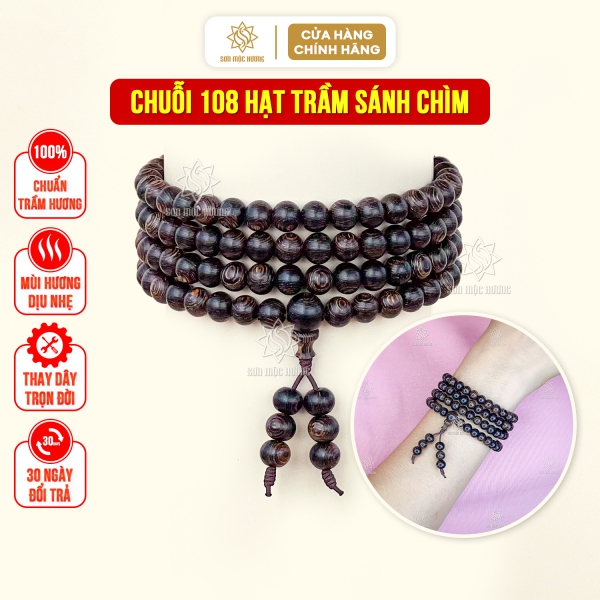 Chuỗi vòng tay 108 hạt trầm hương sánh chìm 6li nam nữ phong thủy cao cấp Sơn Mộc Hương