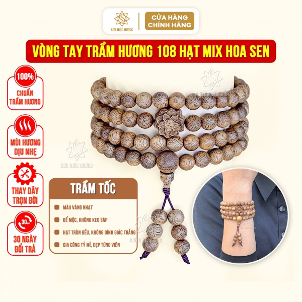 Chuỗi vòng tay trầm hương 108 hạt phong thủy 6li tự nhiên mix hoa sen Sơn Mộc Hương