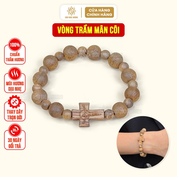 Vòng mân côi đeo tay nam nữ công giáo trầm hương 10li Sơn Mộc Hương thánh giá cao cấp