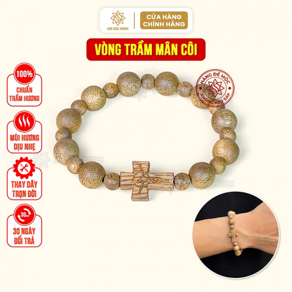Vòng mân côi đeo tay nam nữ công giáo trầm hương 8li Sơn Mộc Hương thánh giá cao cấp