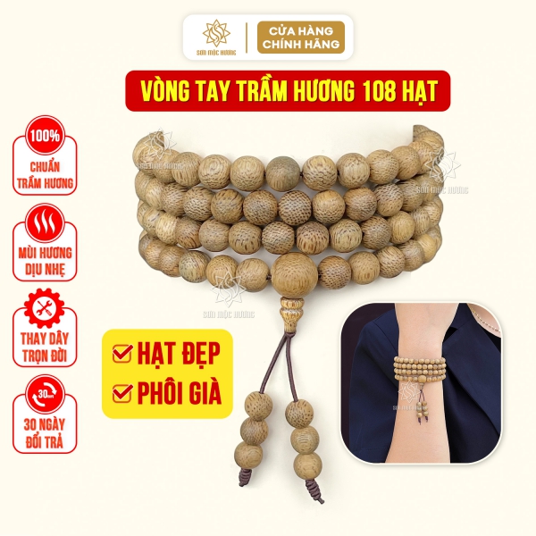 Vòng tay chuỗi tràng 108 hạt trầm hương đeo tay nam nữ mang ý nghĩa phong thủy may mắn tài lộc Sơn Mộc Hương