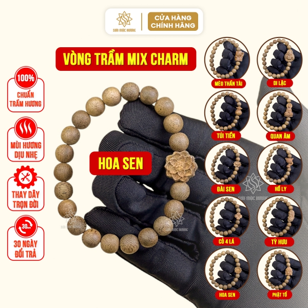 Vòng tay phong thủy tròn đơn mix charm trầm hương 8li Sơn Mộc Hương đeo tay nam nữ mang ý nghĩa may mắn tài lộc