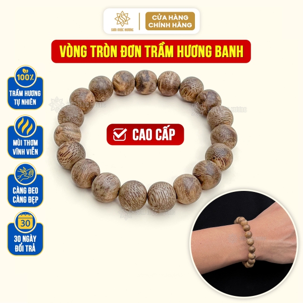 Vòng tay trầm hương banh cao cấp tròn đơn 10li Sơn Mộc Hương đeo tay nam nữ phong thủy may mắn tài lộc