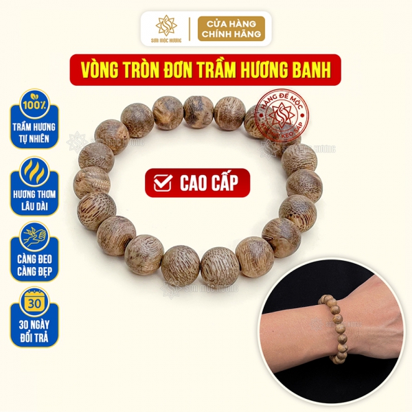 Vòng tay trầm hương banh cao cấp tròn đơn 8li Sơn Mộc Hương đeo tay nam nữ phong thủy may mắn tài lộc