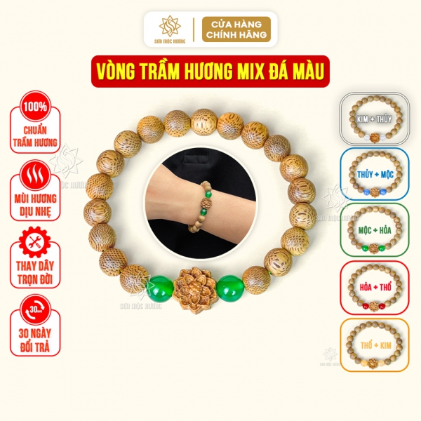 Vòng tay trầm hương hoa sen phong thủy Sơn Mộc Hương 8li mix đá hợp mệnh kim mộc thủy hỏa thổ cho nữ
