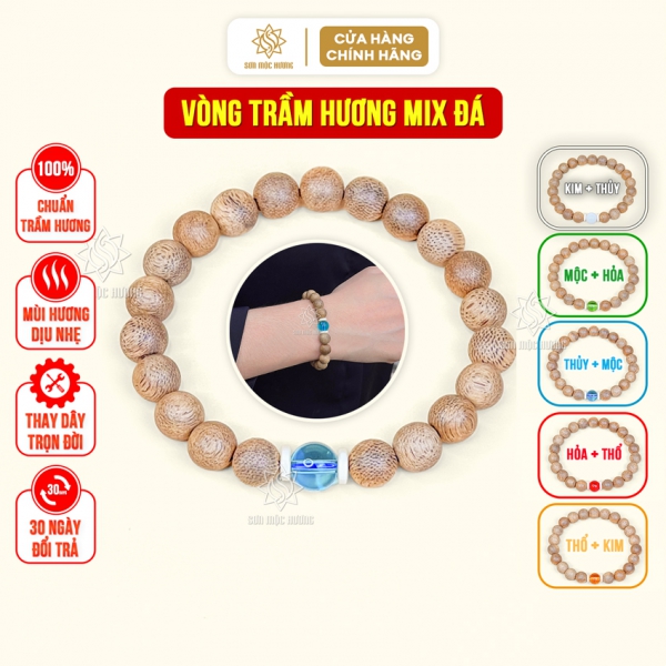 Vòng tay trầm hương mix đá phong thủy 8li Sơn Mộc Hương nam nữ may mắn mệnh kim mộc thủy hỏa thổ