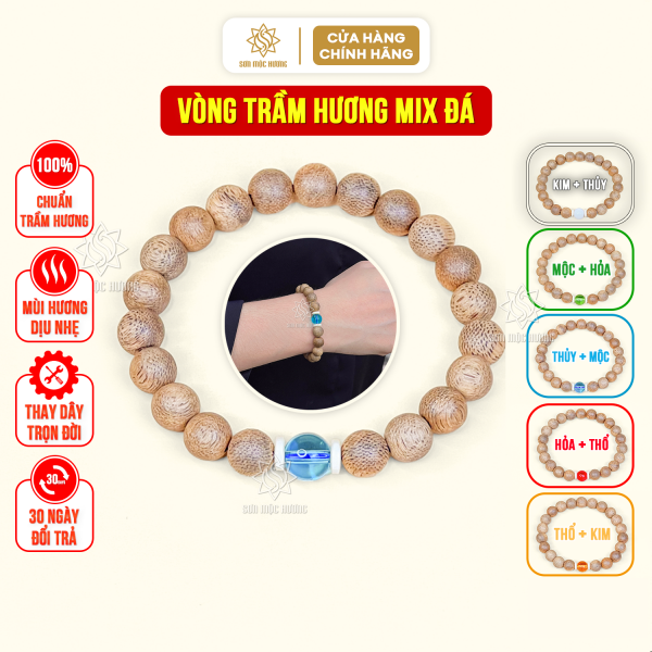 Vòng tay trầm hương mix đá phong thủy 8li Sơn Mộc Hương nam nữ may mắn mệnh kim mộc thủy hỏa thổ