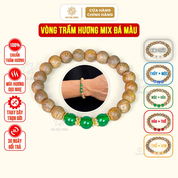 Vòng tay trầm hương phong thủy Sơn Mộc Hương 8li mix đá màu hợp mệnh kim mộc thủy hỏa thổ cho nữ