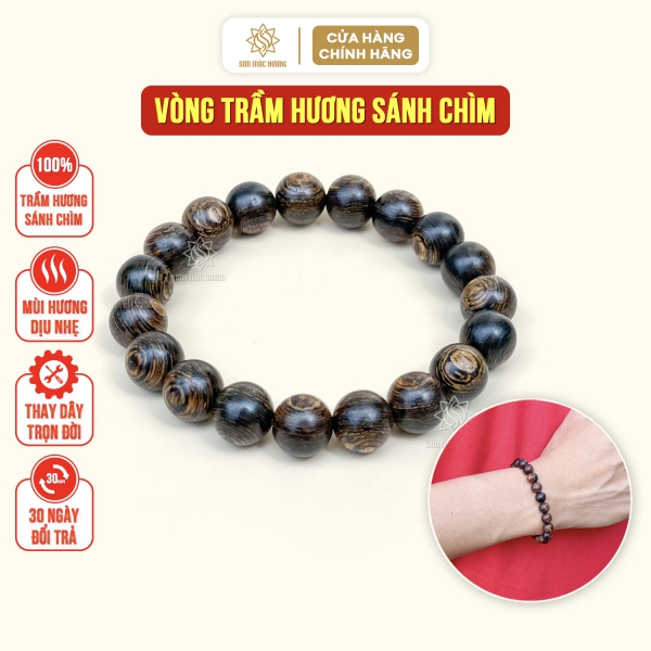 Vòng tay trầm hương tròn đơn sánh chìm cao cấp Sơn Mộc Hương đeo tay nam nữ mang ý nghĩa phong thủy may mắn tài lộc