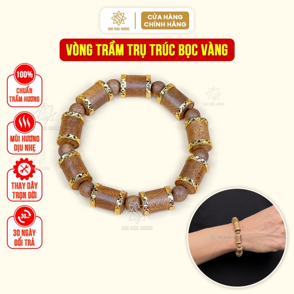 Vòng tay trầm hương trụ trúc bọc vàng 8li Sơn Mộc Hương đeo tay nam nữ ý nghĩa phong thủy may mắn