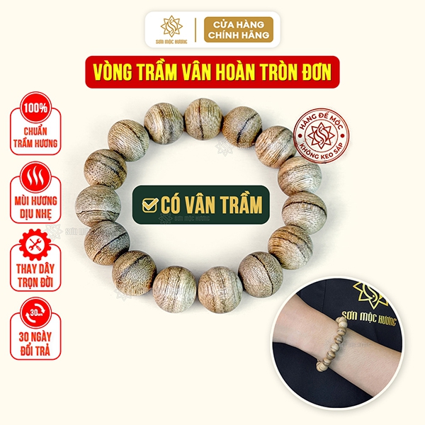 Vòng tay trầm hương vân hoàn tròn đơn 8li Sơn Mộc Hương đeo tay nam nữ phong thủy